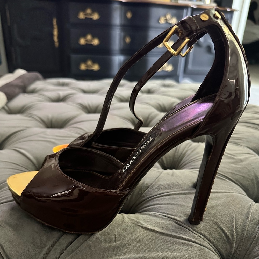 Tom Ford brown & gold studded heels sz39